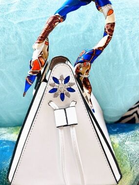 White Mini Pyramid Drawstring Bag with Blue Crystal Accent